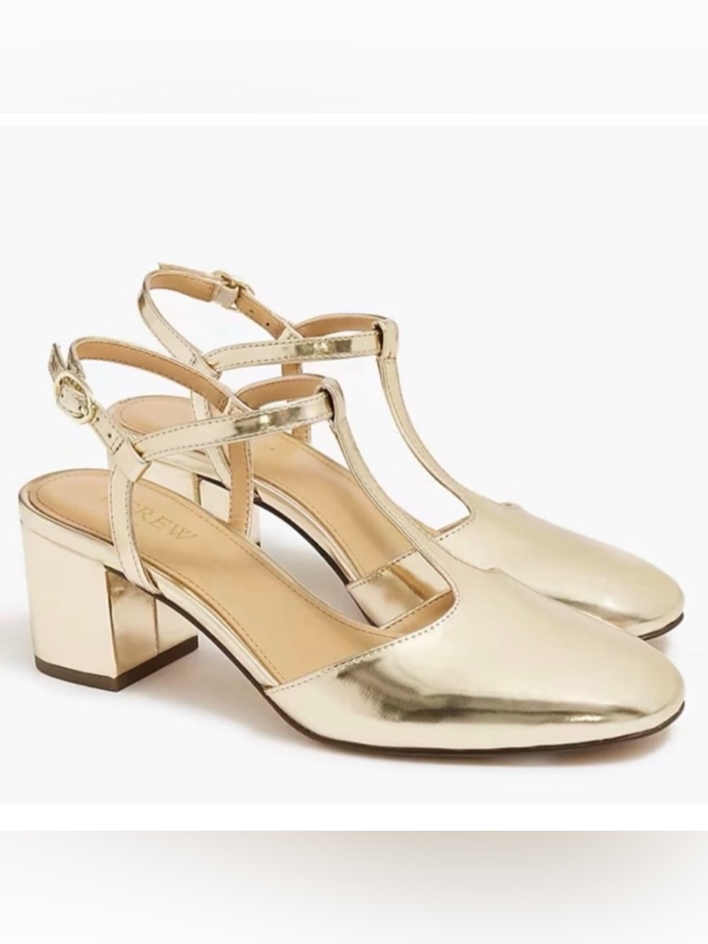 NEW! J. Crew T-Strap Heels Metallic Gold Block Heel